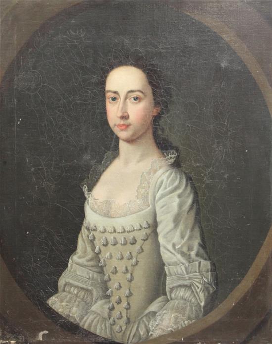 18th century English School Portrait of a lady wearing a silk dress, 30 x 25in., unframed